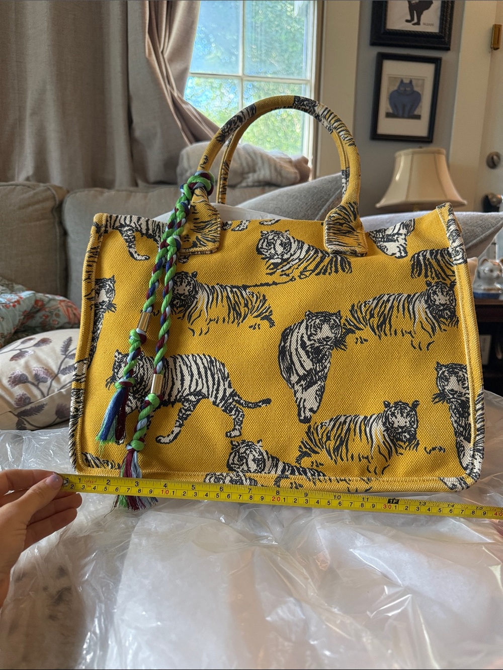 Vince Camuto Yellow Tiger Print Tote Bag with Braided Tassel NEW